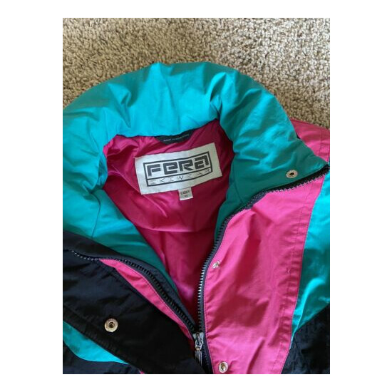 Vtg 80/90’s Fera Skiwear Women Size 10 M Turquoise Hot Pink Black One Piece Snow Thumb {4}