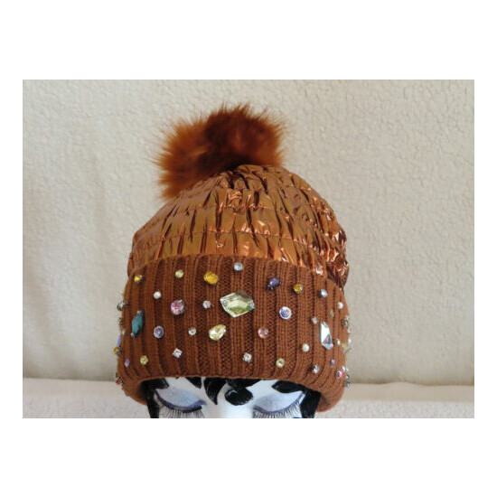Metallic Beanie Hat with Faux Fur Pompom & beads, Winter hat image {4}
