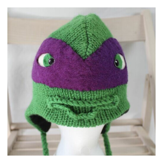 Youth Wool Knit Fleece Lined Ninja Turtle Hat Green Purple image {2}