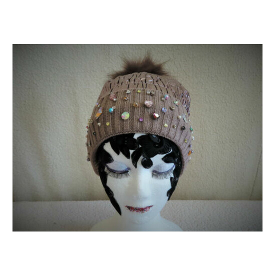 Metallic Beanie Hat with Faux Fur Pompom & beads, Winter hat Thumb {2}