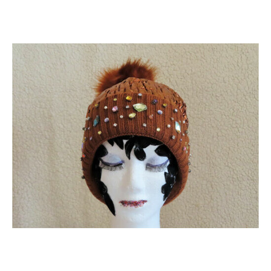 Metallic Beanie Hat with Faux Fur Pompom & beads, Winter hat Thumb {1}