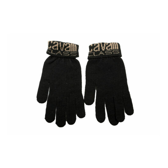 Cavalli Class Unisex 100% Wool Black Logo Print Knitted Gloves One Size image {1}