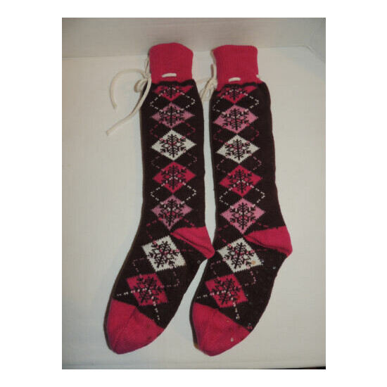 Mudd Snowboarding Skiing Cold Weather Lined Socks Pink & Brown Argyle Knee Highs image {1}