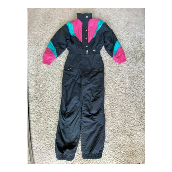 Vtg 80/90’s Fera Skiwear Women Size 10 M Turquoise Hot Pink Black One Piece Snow image {1}