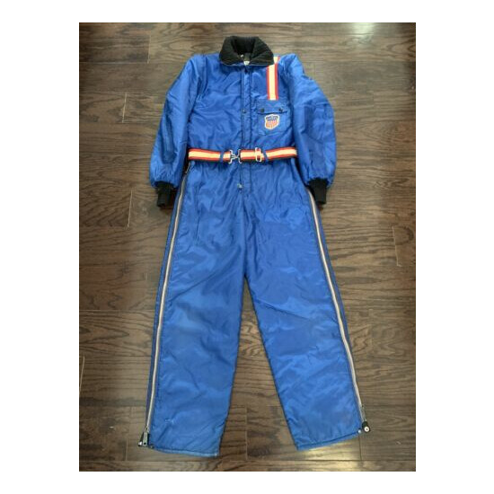 Vintage Snowmobile Snow Ski Winter Warm Suit Youth Size Large Blue Stripe Red image {1}