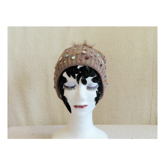 Metallic Beanie Hat with Faux Fur Pompom & beads, Winter hat Thumb {1}