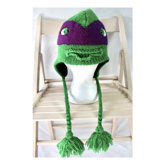 Youth Wool Knit Fleece Lined Ninja Turtle Hat Green Purple image {1}