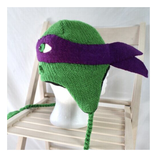 Youth Wool Knit Fleece Lined Ninja Turtle Hat Green Purple Thumb {4}
