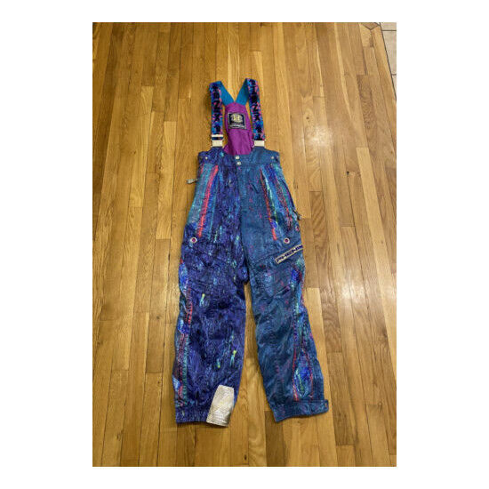 Vintage Phenix Purple Blue Ski Snow Pants Bibs Size S* Suspenders 90s Thumb {1}